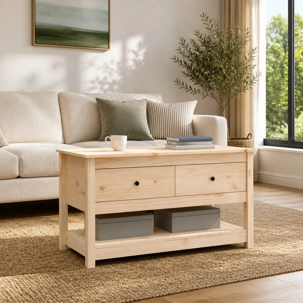 Brown Solid Pine Wood Coffee Table with Storage