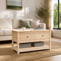 Brown Solid Pine Wood Coffee Table with Storage