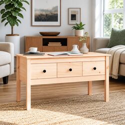 Brown Solid Wood Pine Coffee Table with Storage Drawers