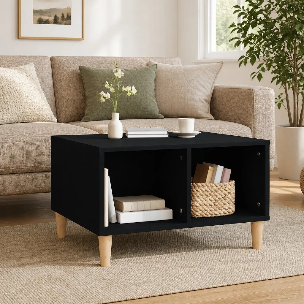 Scandinavian Style Coffee Table Black Engineered Wood Open Compartments 60L x 50W x 36.5H cm