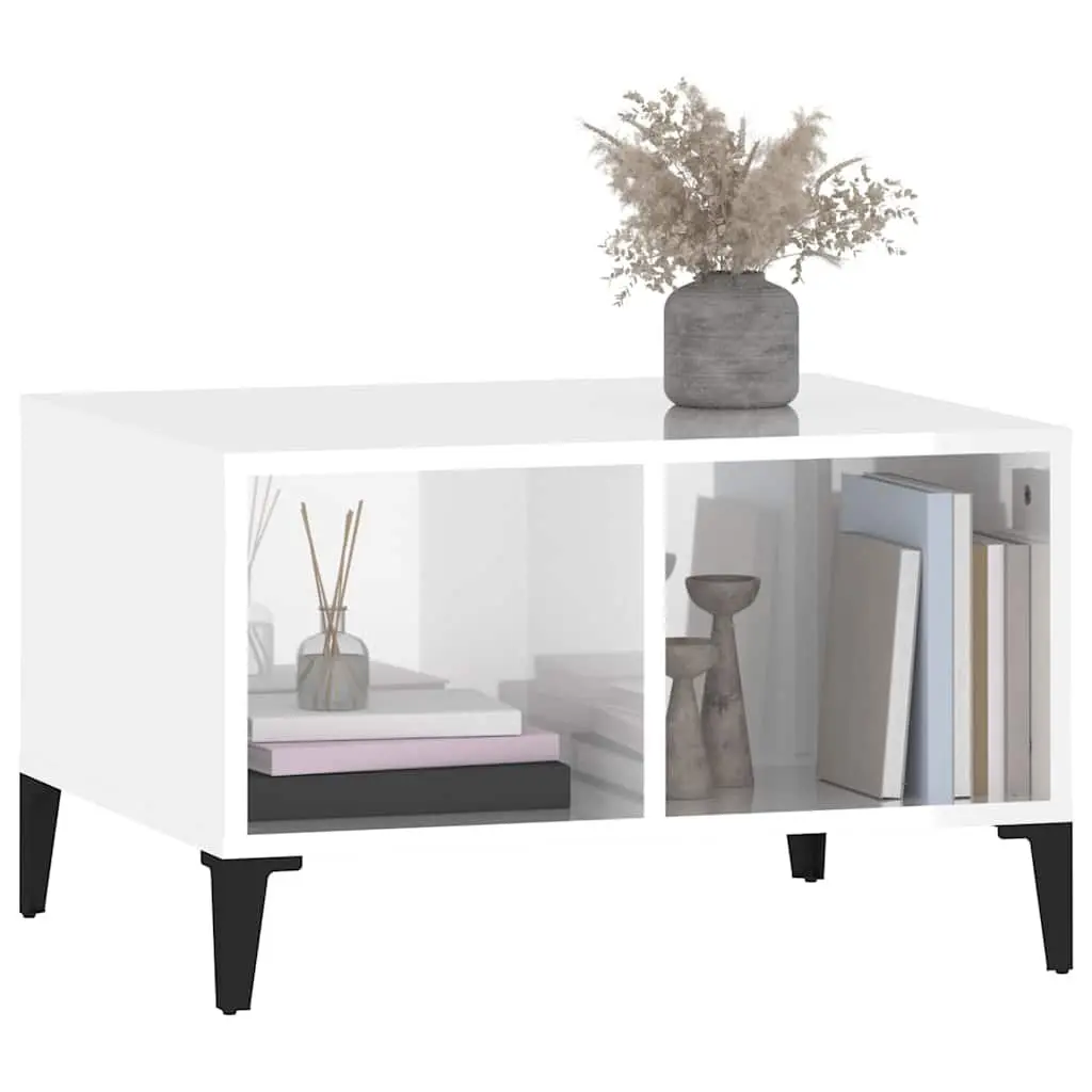 Coffee Table High Gloss White 60x50x36.5 cm Engineered Wood Metal Feet