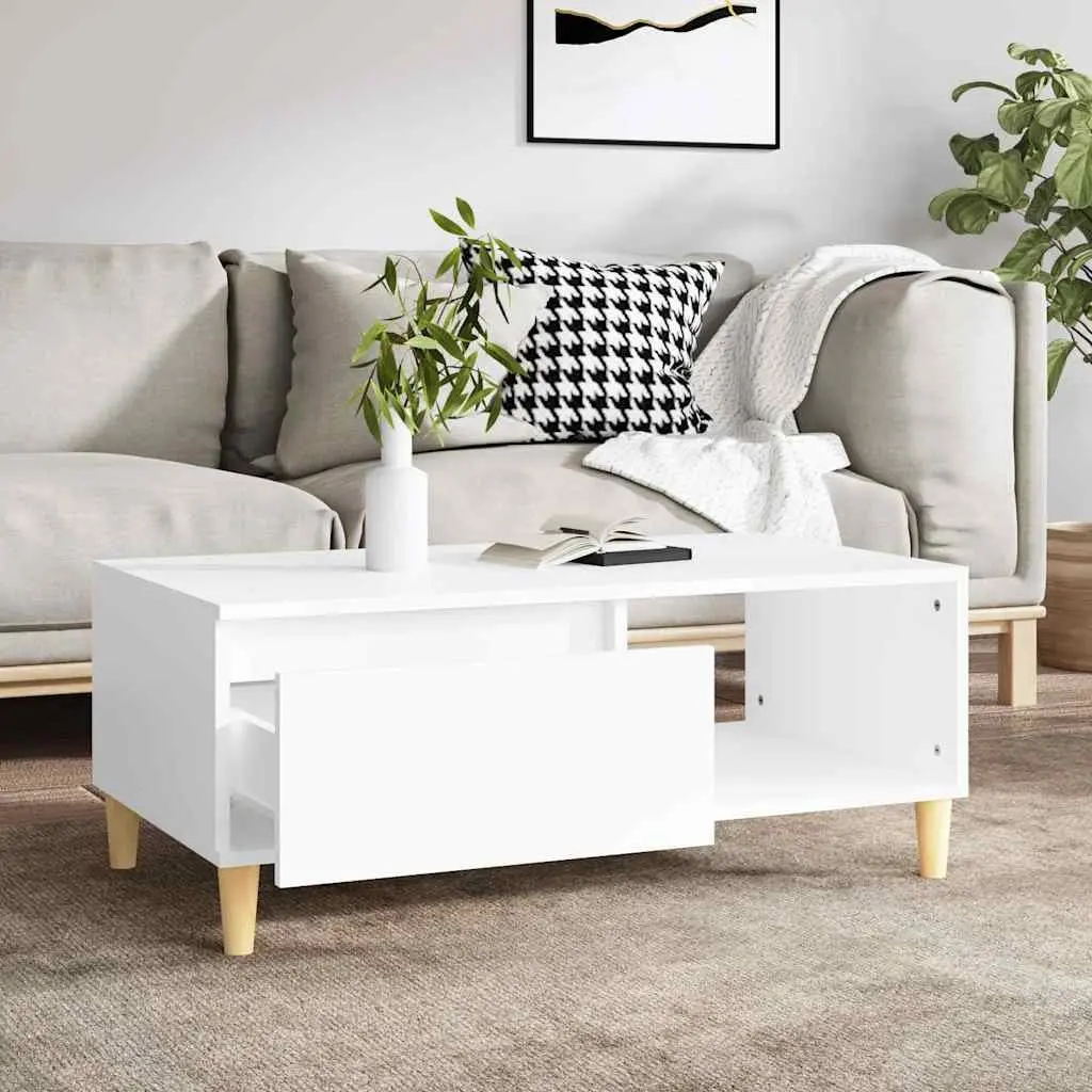 Coffee Table White Scandinavian Style Engineered Wood with Storage Drawer and Open Compartment