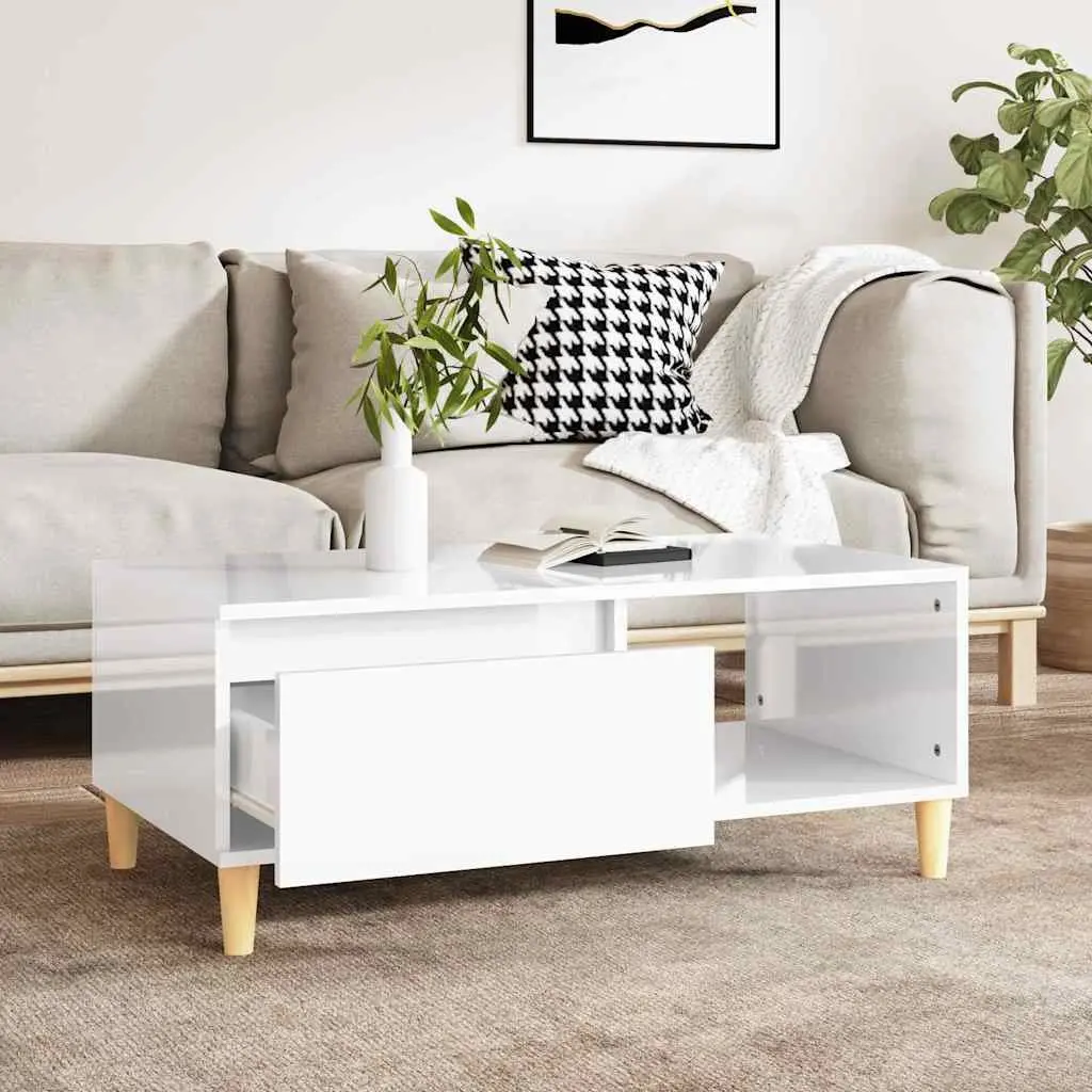 Coffee Table High Gloss White 90x50x36.5cm Engineered Wood with Storage Drawer and Open Compartment