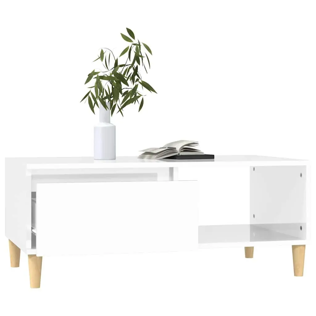 Coffee Table High Gloss White 90x50x36.5cm Engineered Wood with Storage Drawer and Open Compartment