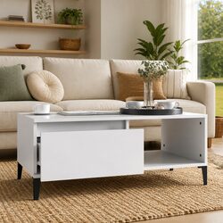 White Coffee Table with Storage Drawer and Open Compartment
