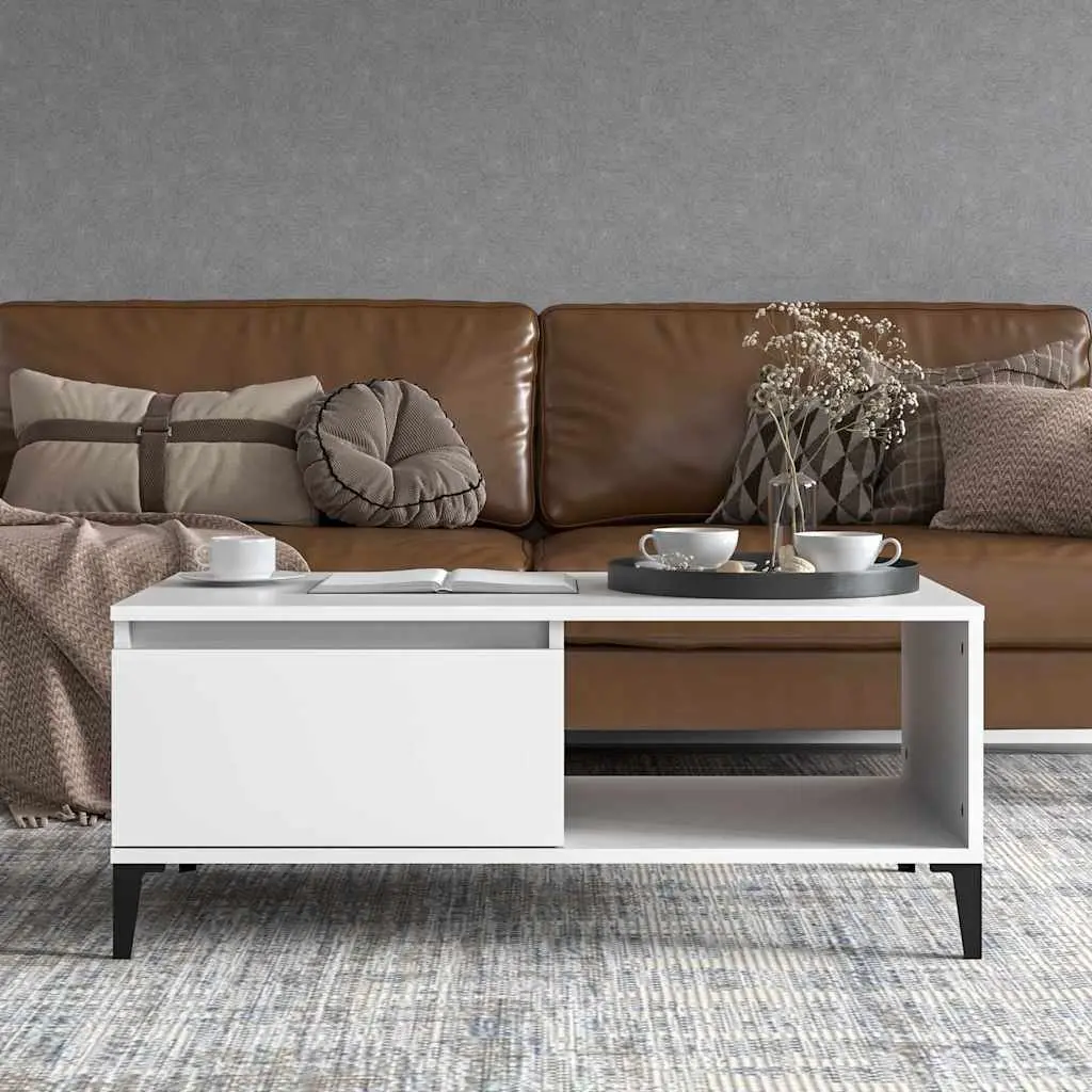 Coffee Table White Engineered Wood 90L x 50W x 36.5H cm with Storage Drawer and Open Compartment