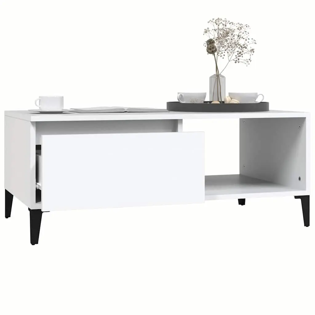 Coffee Table White Engineered Wood 90L x 50W x 36.5H cm with Storage Drawer and Open Compartment