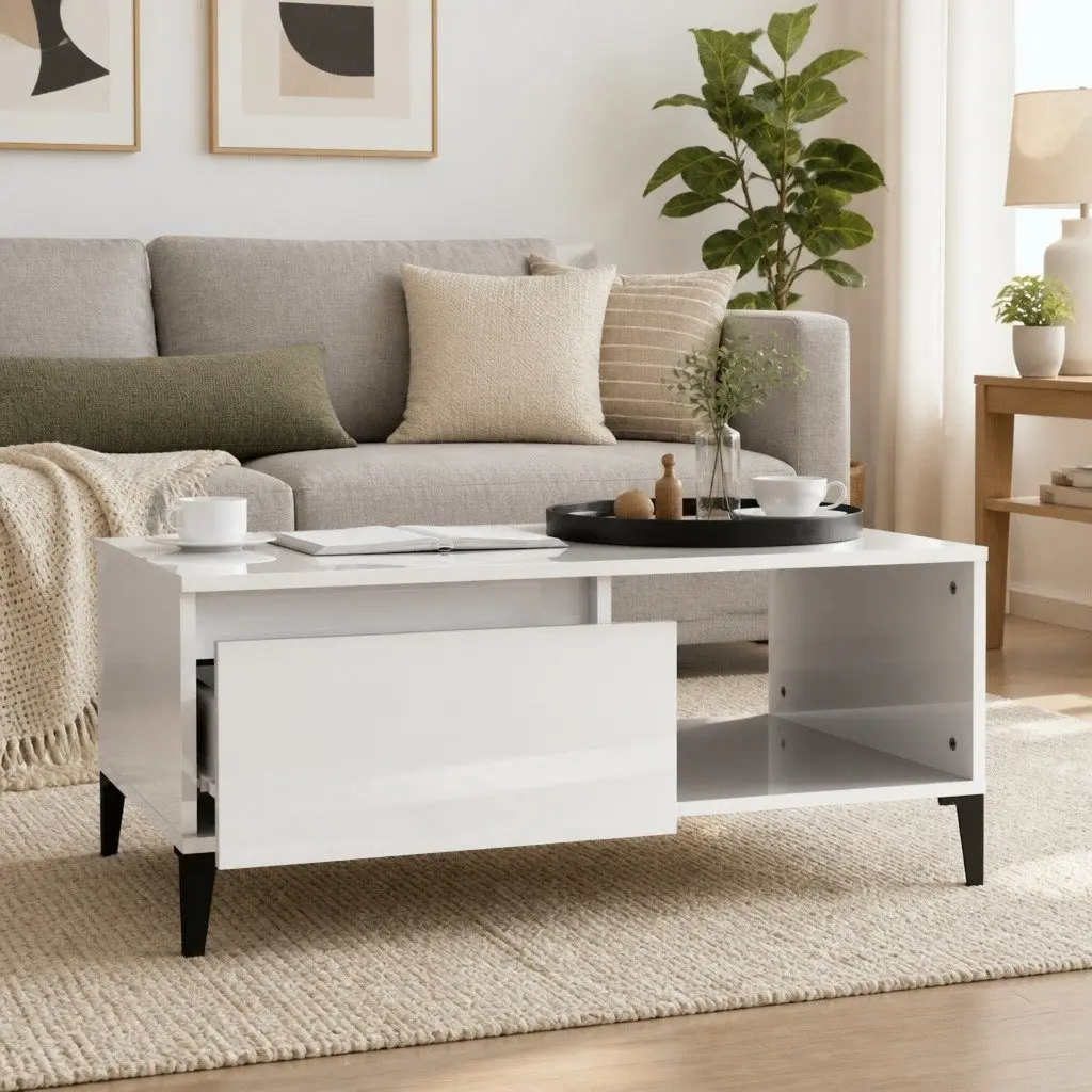 Coffee Table White High Gloss 90L x 50W x 36.5H cm Engineered Wood with Metal Feet