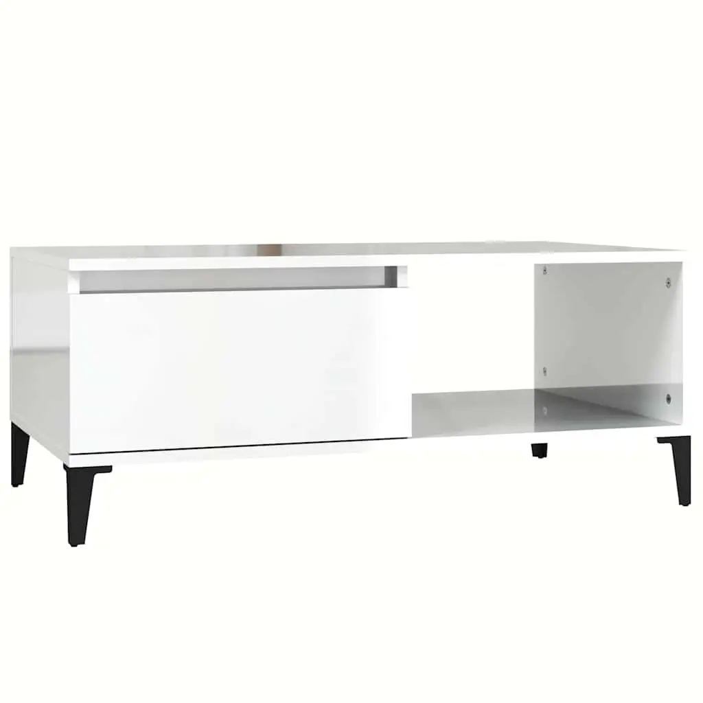 Coffee Table White High Gloss 90L x 50W x 36.5H cm Engineered Wood with Metal Feet