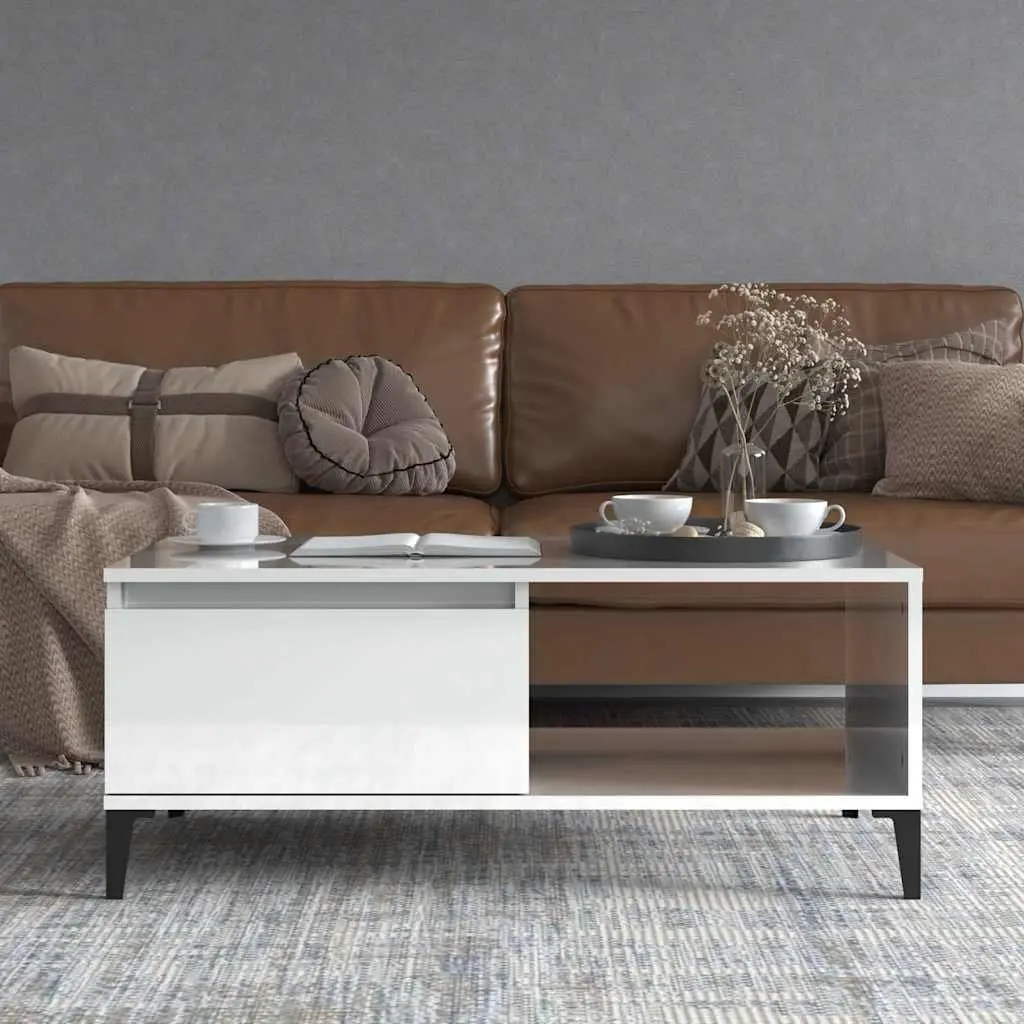 Coffee Table White High Gloss 90L x 50W x 36.5H cm Engineered Wood with Metal Feet