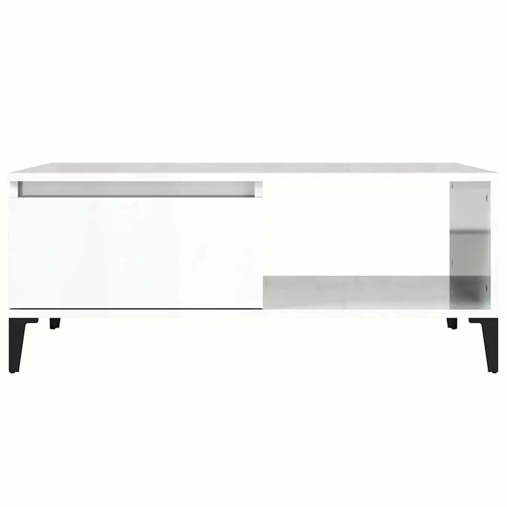 Coffee Table White High Gloss 90L x 50W x 36.5H cm Engineered Wood with Metal Feet