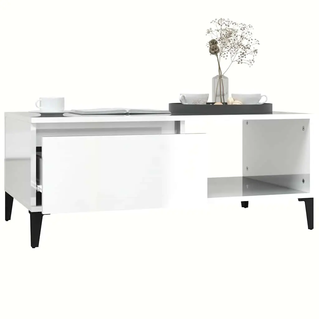 Coffee Table White High Gloss 90L x 50W x 36.5H cm Engineered Wood with Metal Feet