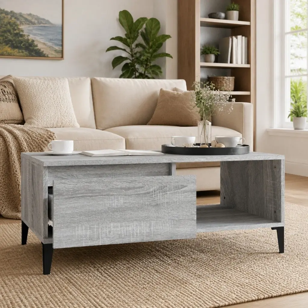Coffee Table Grey Sonoma Engineered Wood Storage Drawer Open Compartment