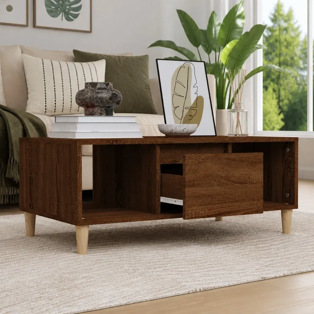 Brown Oak Coffee Table with Open Compartments and Drawer