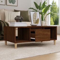 Brown Oak Coffee Table with Open Compartments and Drawer