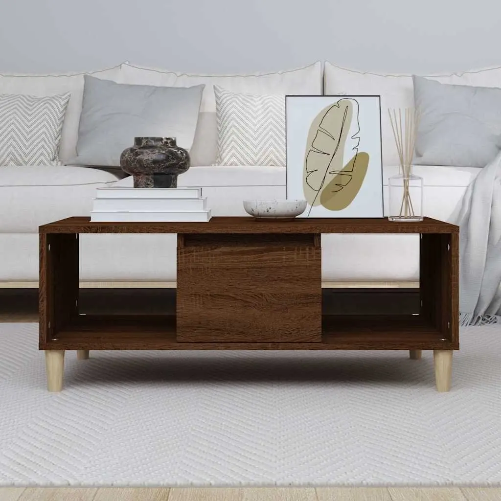 Brown Oak Coffee Table with Open Compartments and Drawer