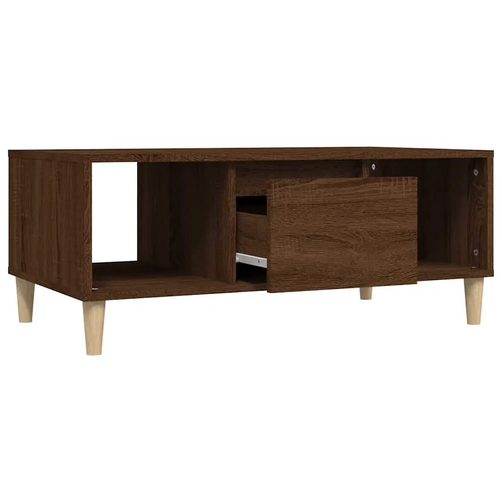 Brown Oak Coffee Table with Open Compartments and Drawer