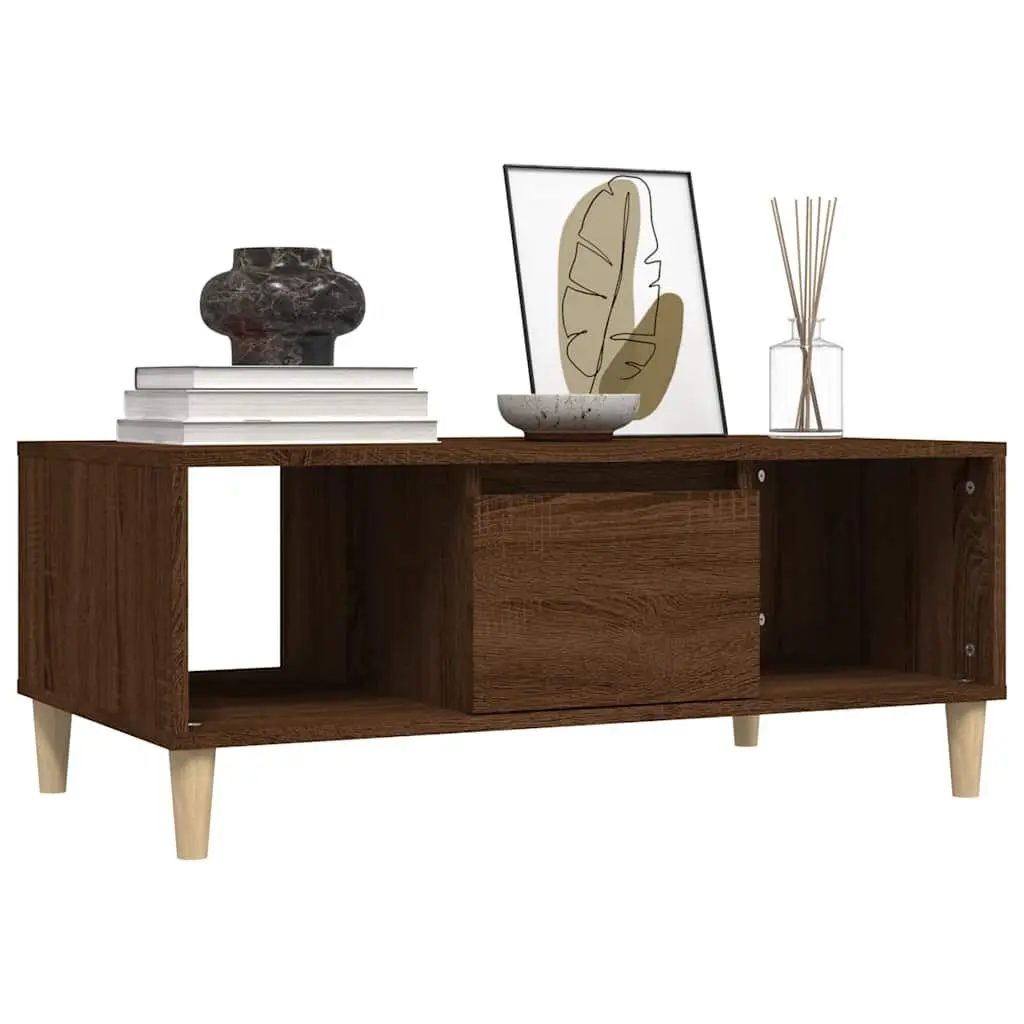 Brown Oak Coffee Table with Open Compartments and Drawer