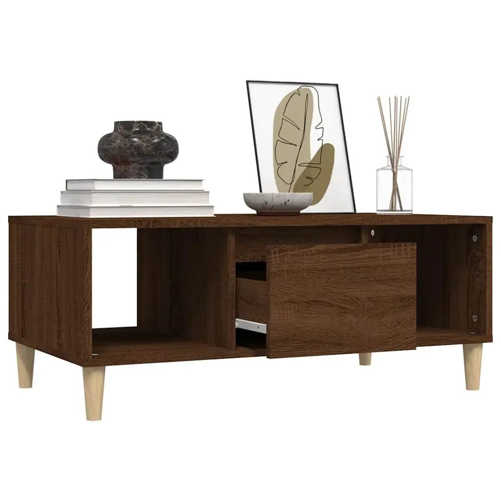 Brown Oak Coffee Table with Open Compartments and Drawer