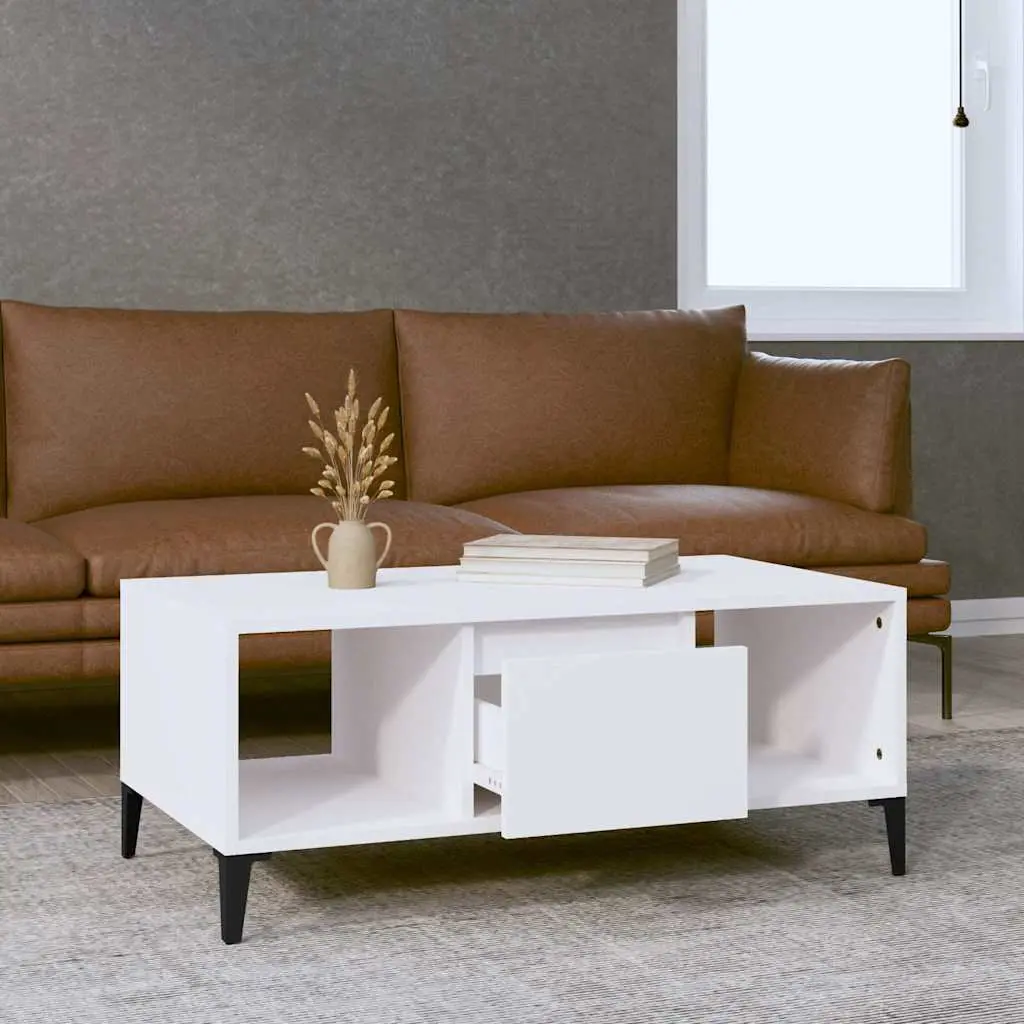 Coffee Table White Engineered Wood 90L x 50W x 36.5H cm with Storage Drawer and Open Compartments