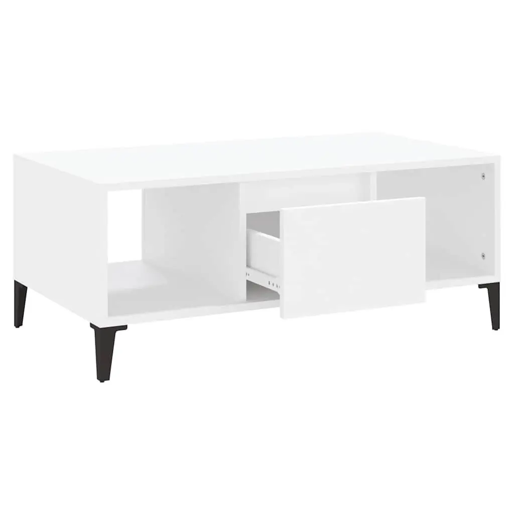 Coffee Table White Engineered Wood 90L x 50W x 36.5H cm with Storage Drawer and Open Compartments
