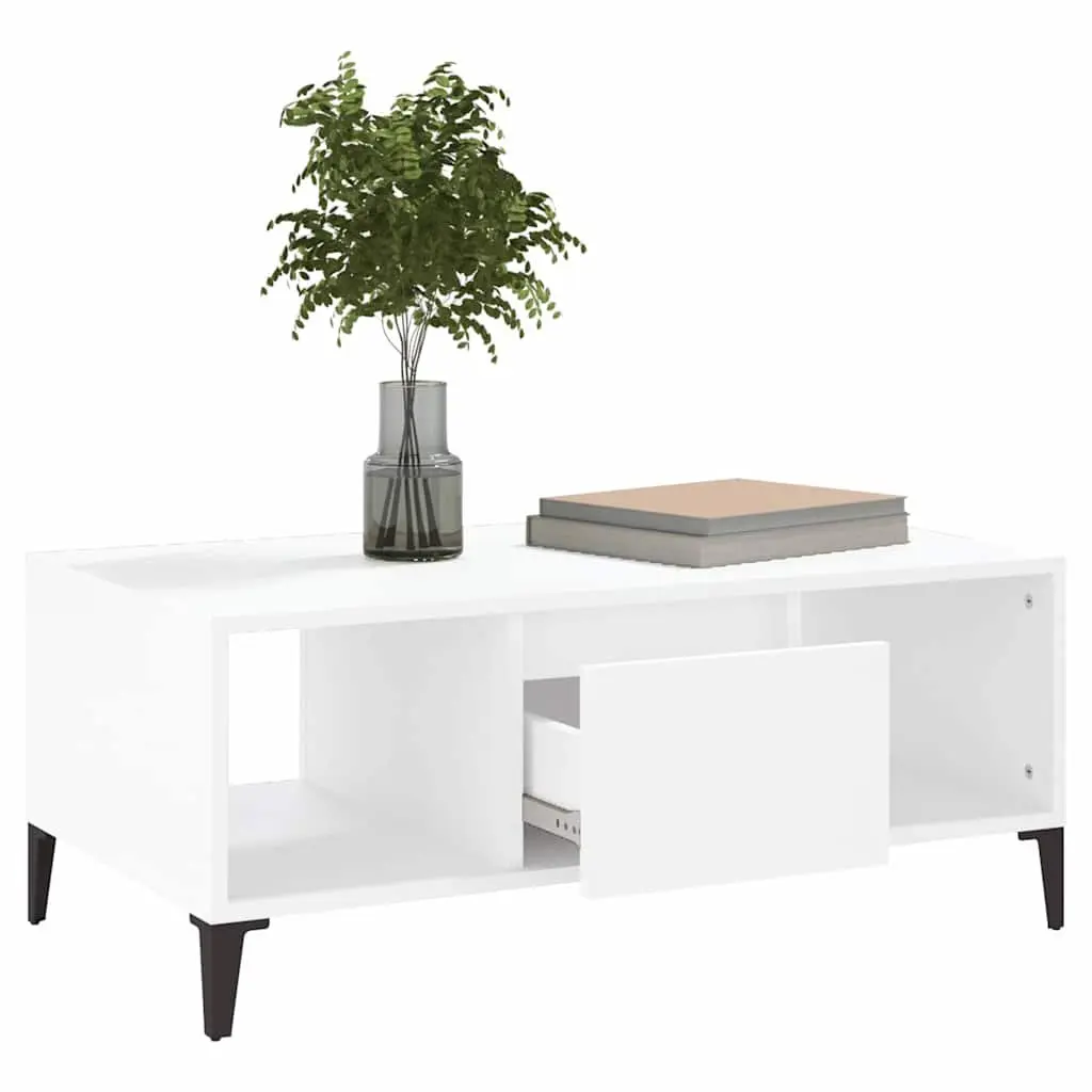 Coffee Table White Engineered Wood 90L x 50W x 36.5H cm with Storage Drawer and Open Compartments