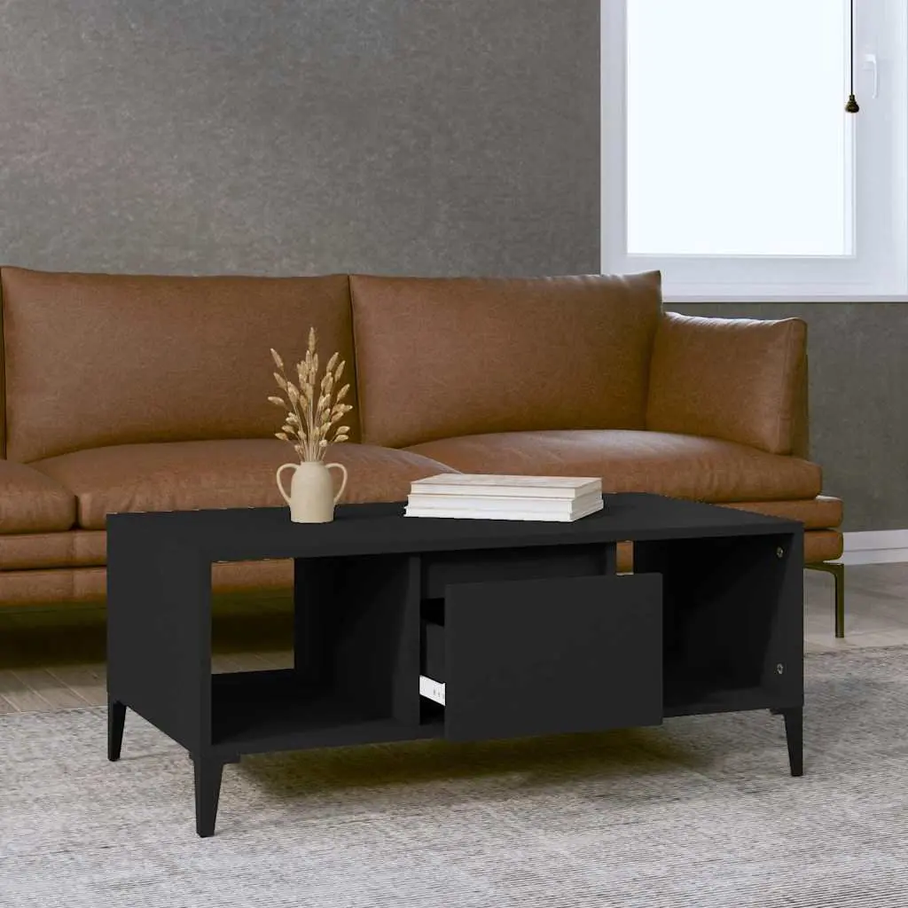 Coffee Table Black Engineered Wood 90L x 50W x 36.5H cm with Storage Drawer and Open Compartments
