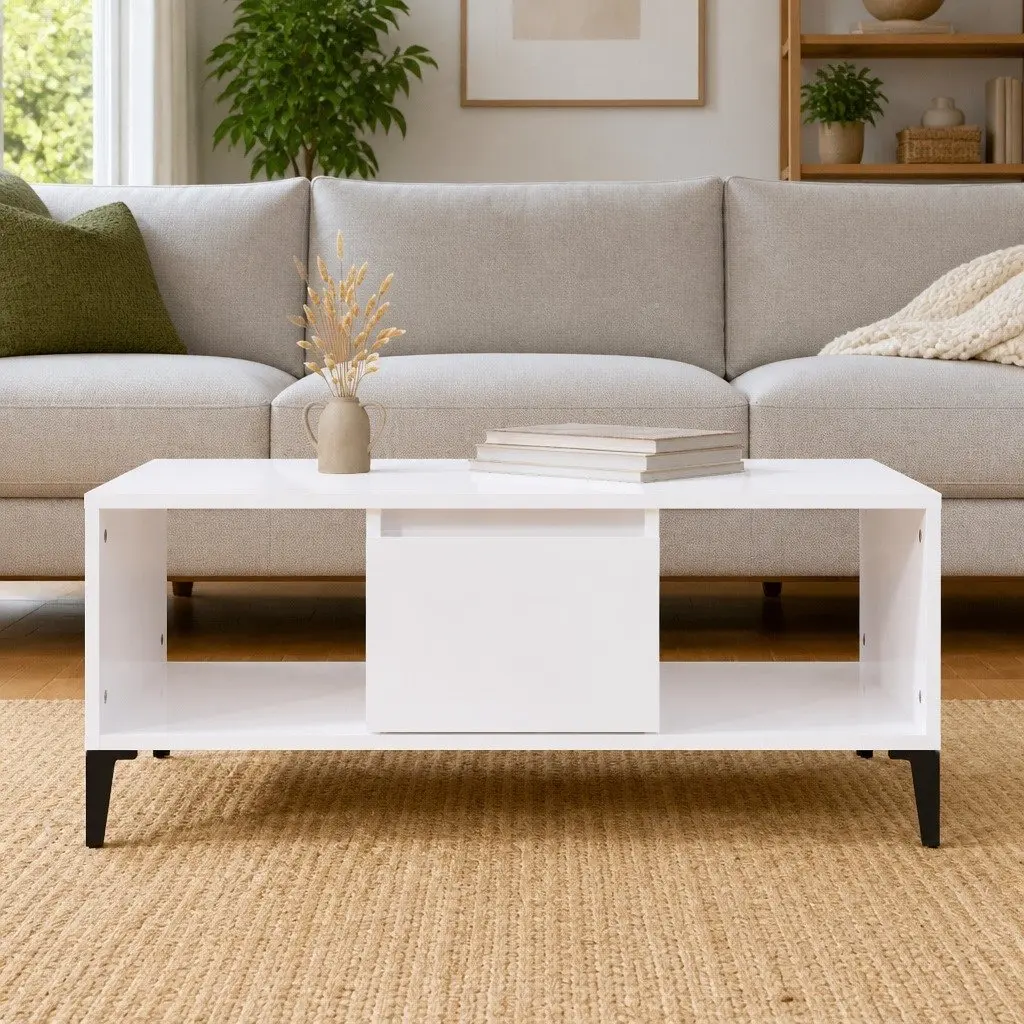 Coffee Table High Gloss White 90 x 50 x 36.5 cm Engineered Wood with Metal Feet
