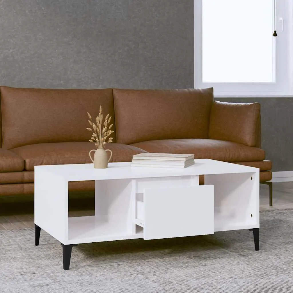 Coffee Table High Gloss White 90 x 50 x 36.5 cm Engineered Wood with Metal Feet