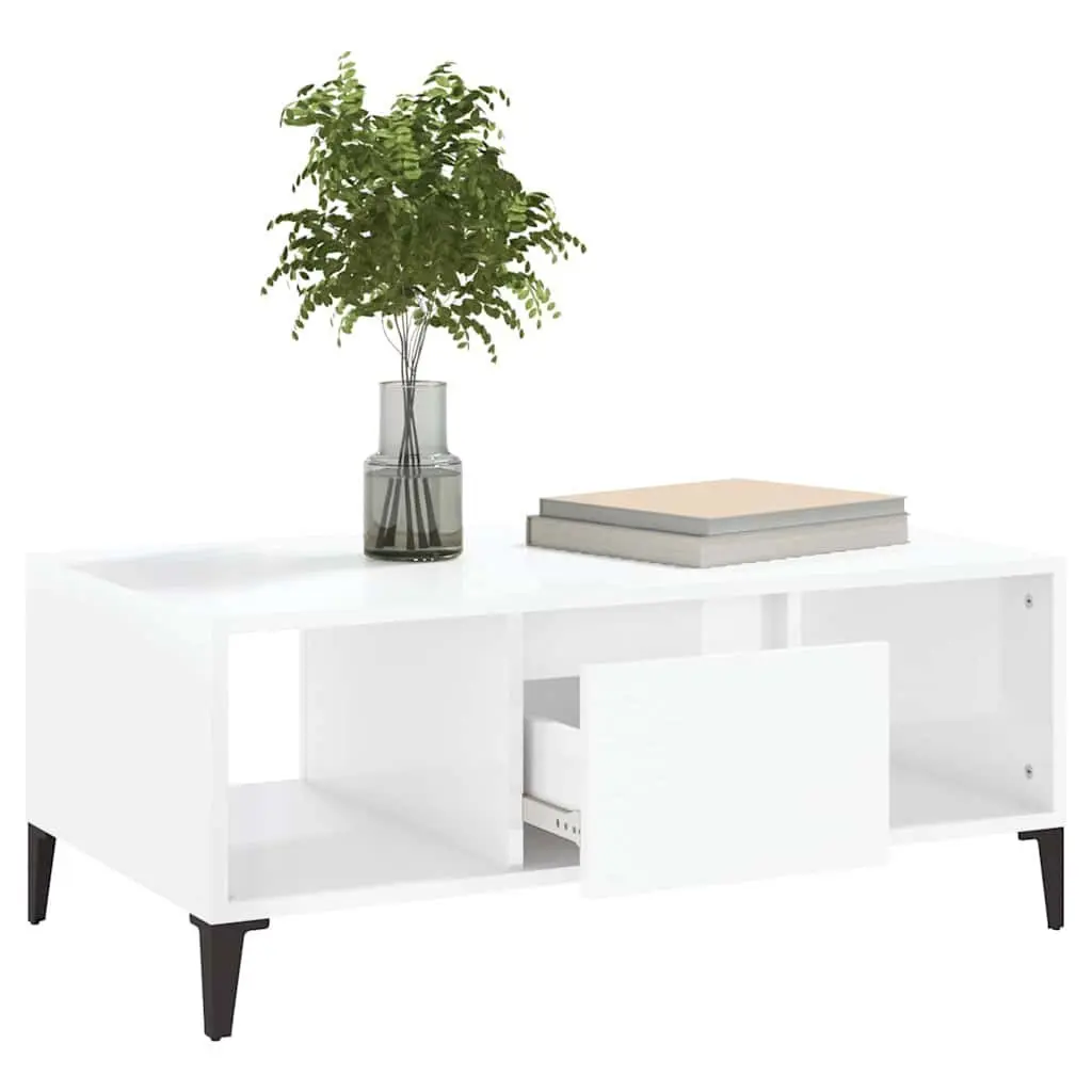 Coffee Table High Gloss White 90 x 50 x 36.5 cm Engineered Wood with Metal Feet