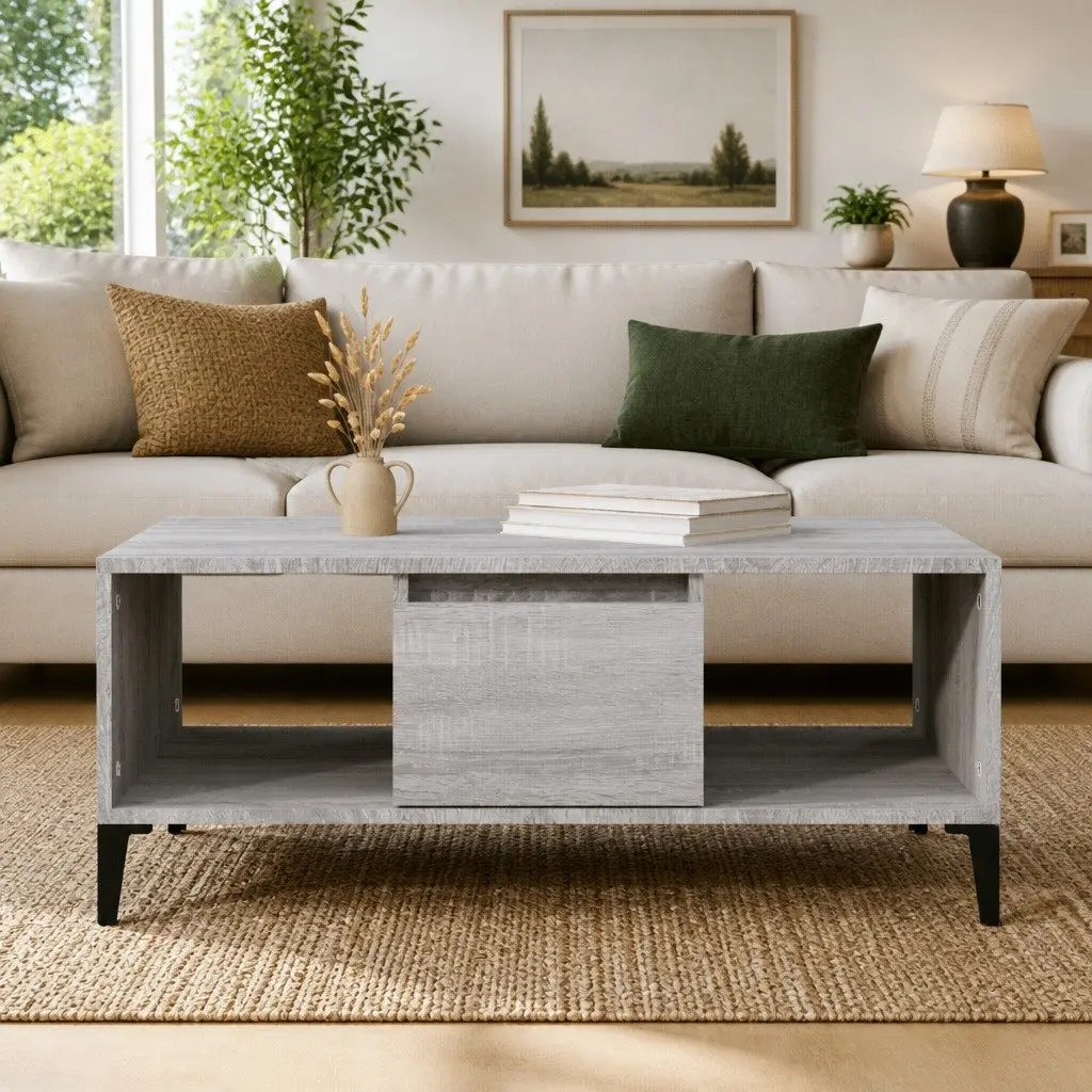 Coffee Table Grey Industrial Storage Engineered Wood with Drawer Compartments