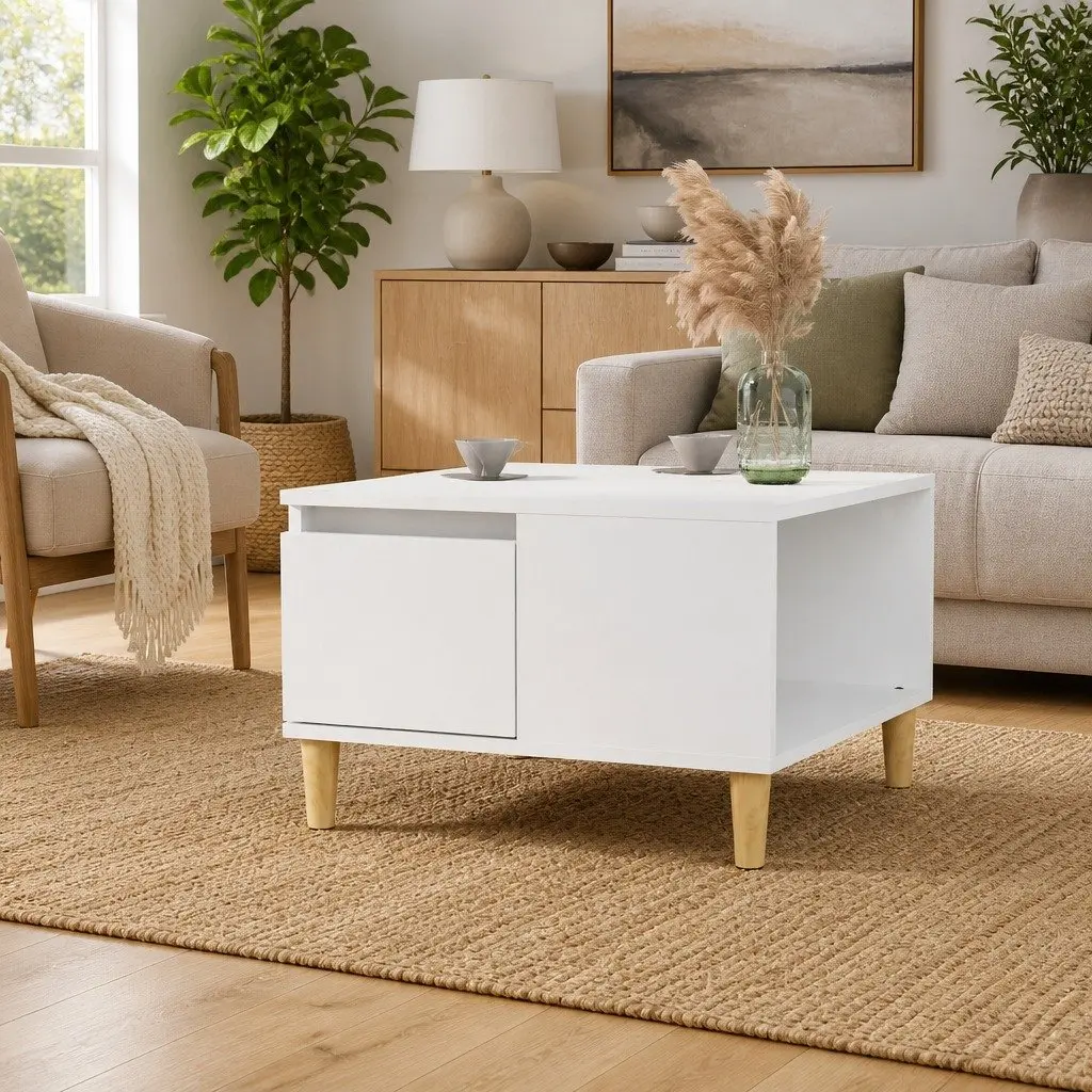 Coffee Table White Modern 55 x 55 x 36.5 cm Engineered Wood with Drawer Storage