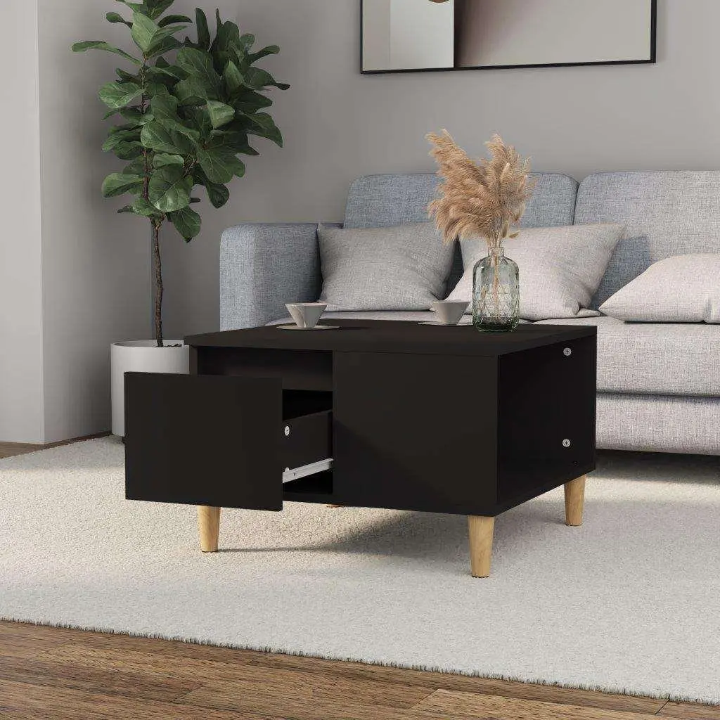 Coffee Table Black 55x55x36.5cm Engineered Wood with Eucalyptus Wood Feet