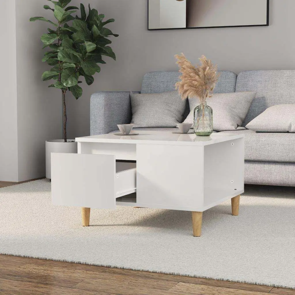 Coffee Table High Gloss White Modern 55 x 55 x 36.5 cm Engineered Wood with Solid Eucalyptus Wood Feet