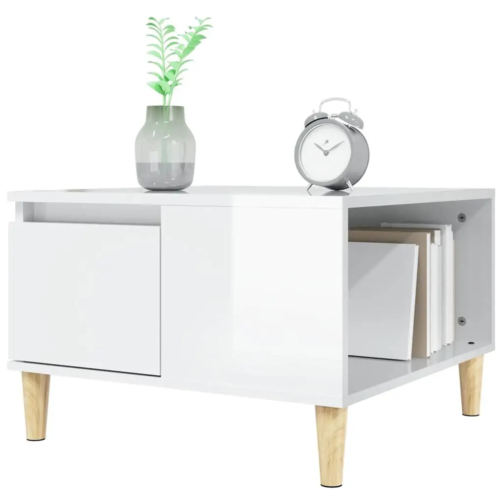Coffee Table High Gloss White Modern 55 x 55 x 36.5 cm Engineered Wood with Solid Eucalyptus Wood Feet