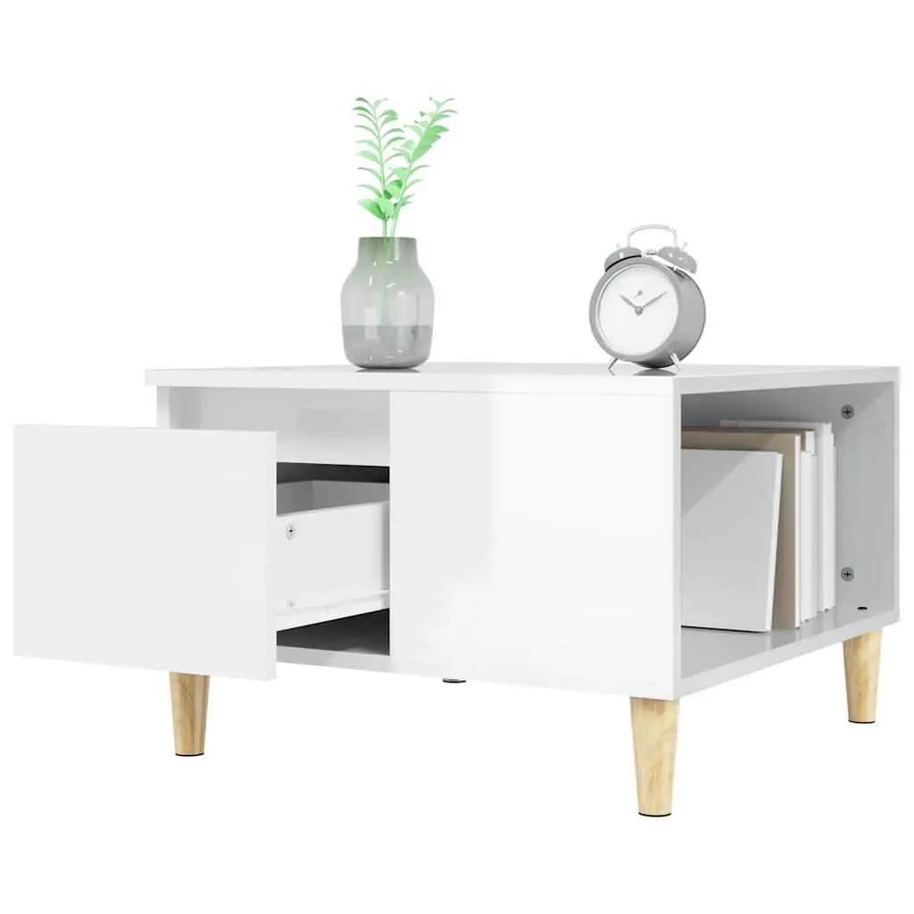 Coffee Table High Gloss White Modern 55 x 55 x 36.5 cm Engineered Wood with Solid Eucalyptus Wood Feet