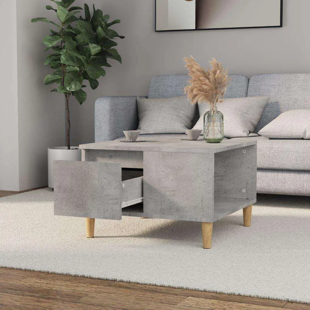 Coffee Table Grey 55x55x36.5cm Engineered Wood with Eucalyptus Wood Feet Storage Drawer Open Compartment