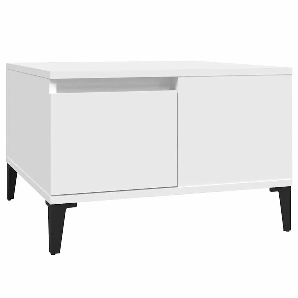 Coffee Table White 55x55x36.5 cm Engineered Wood with Metal Feet Storage Drawer Open Compartment