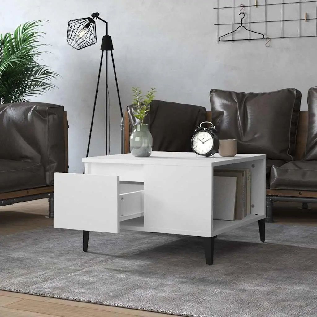 Coffee Table White 55x55x36.5 cm Engineered Wood with Metal Feet Storage Drawer Open Compartment
