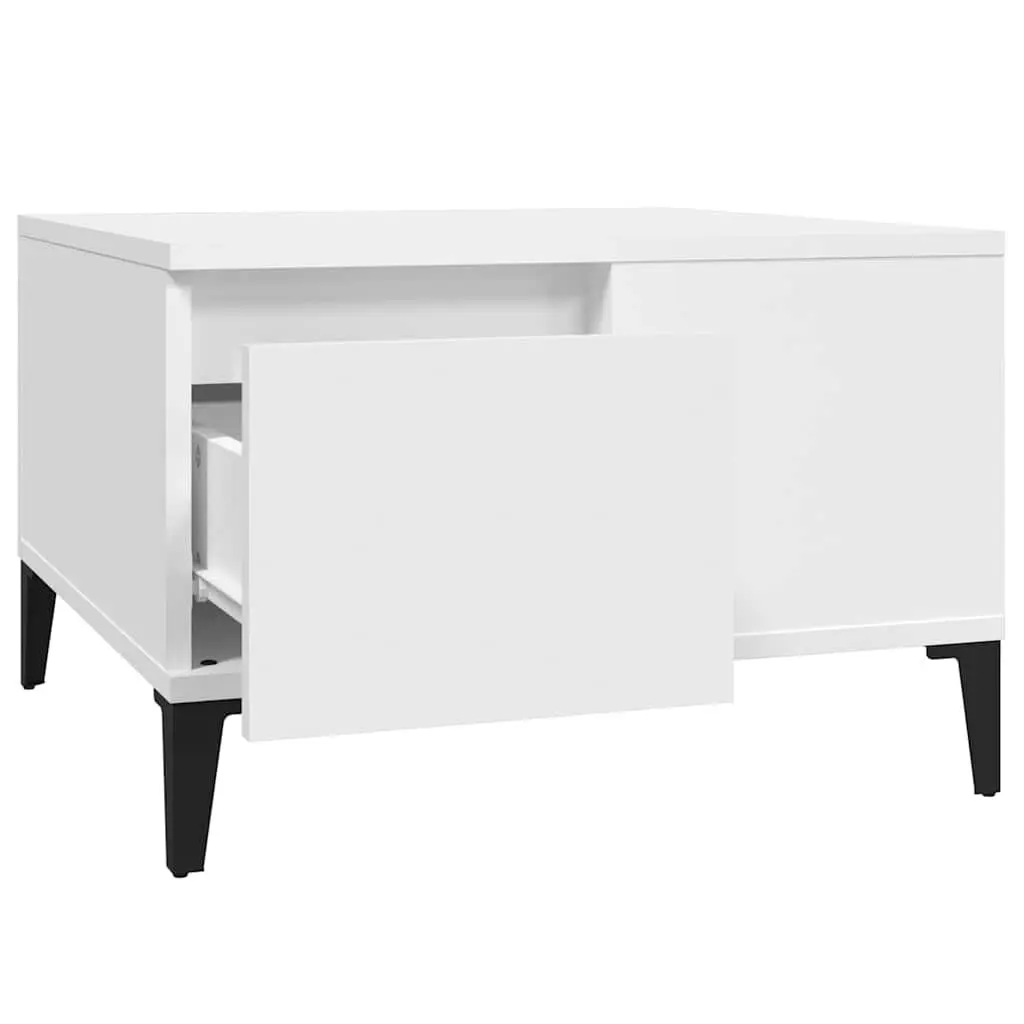 Coffee Table White 55x55x36.5 cm Engineered Wood with Metal Feet Storage Drawer Open Compartment