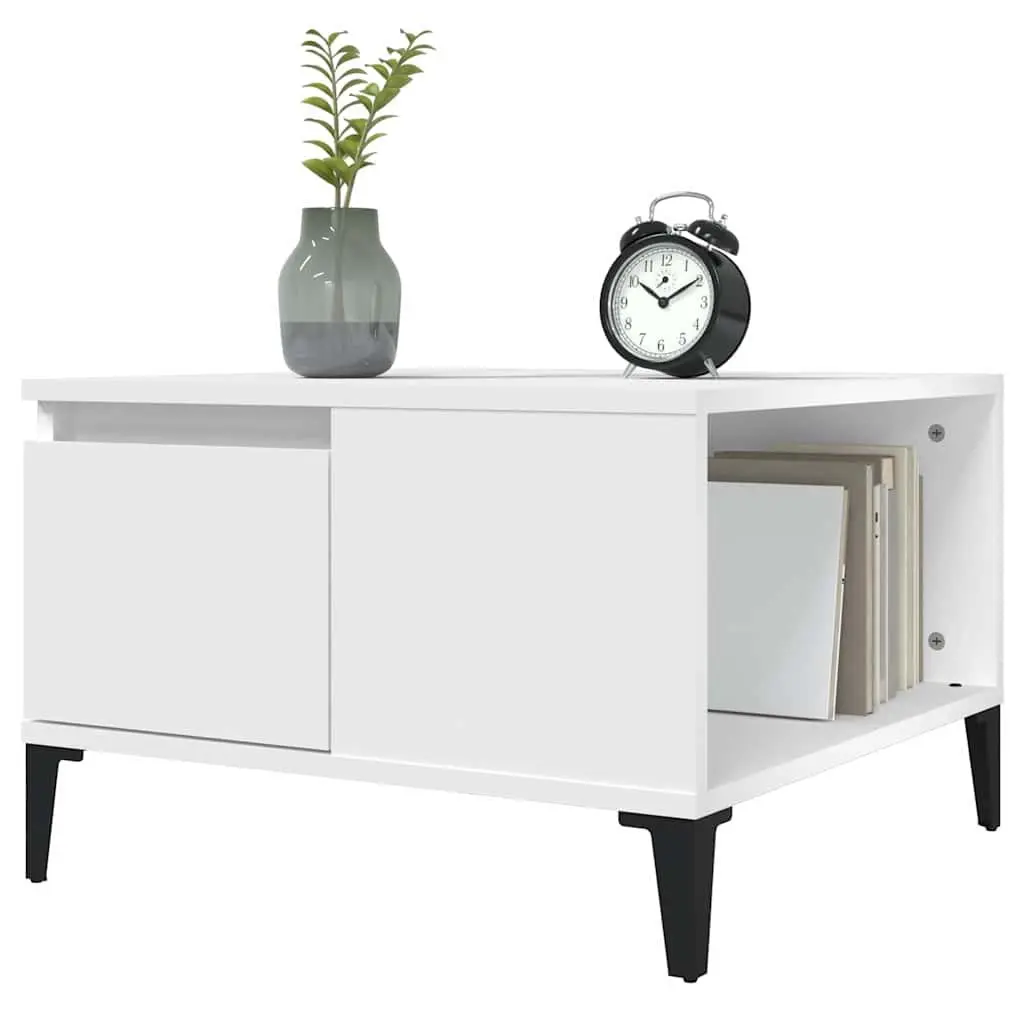 Coffee Table White 55x55x36.5 cm Engineered Wood with Metal Feet Storage Drawer Open Compartment
