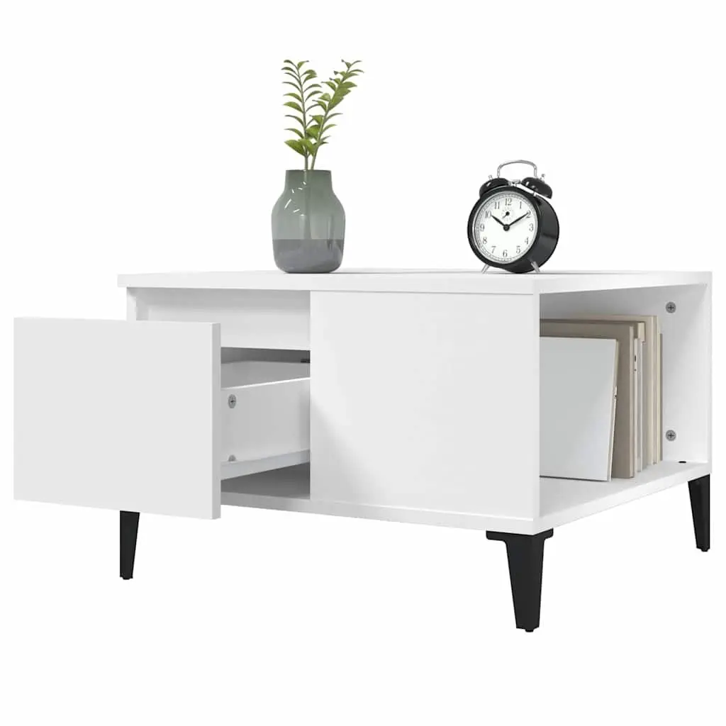 Coffee Table White 55x55x36.5 cm Engineered Wood with Metal Feet Storage Drawer Open Compartment