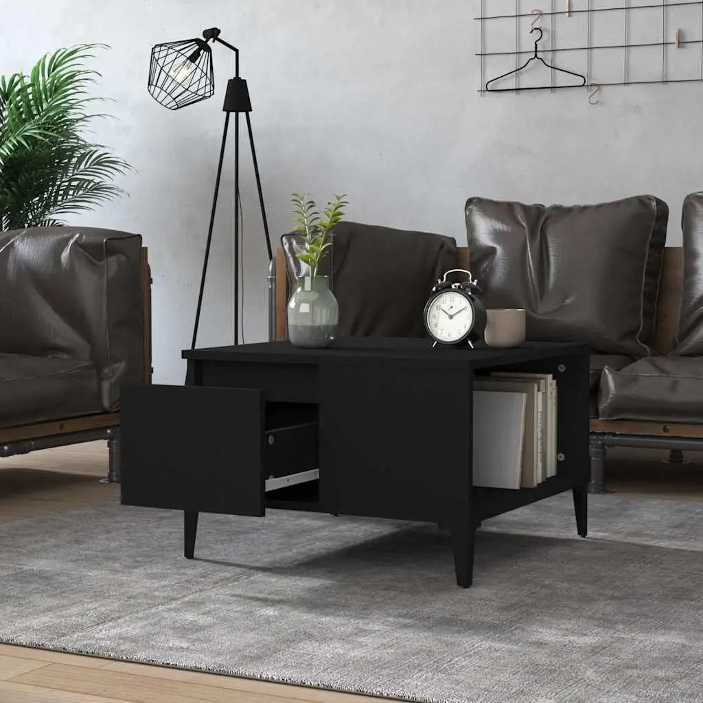 Coffee Table Black Modern 55W x 55D x 36.5H cm Engineered Wood with Metal Feet
