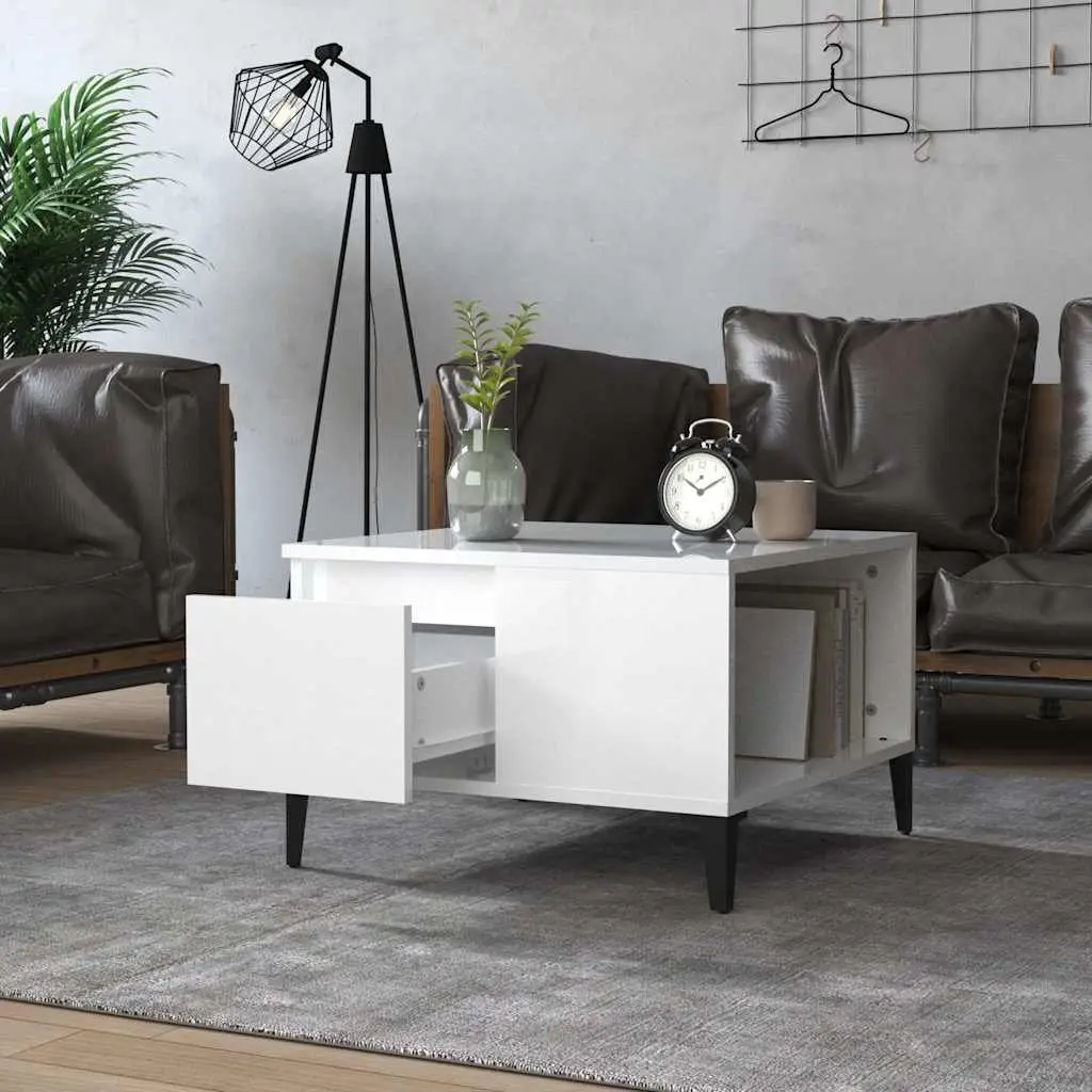 Coffee Table High Gloss White 55W x 55D x 36.5H cm Engineered Wood with Metal Feet