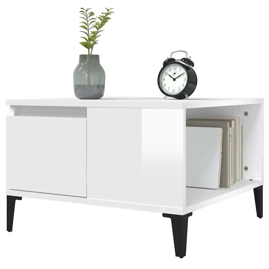 Coffee Table High Gloss White 55W x 55D x 36.5H cm Engineered Wood with Metal Feet