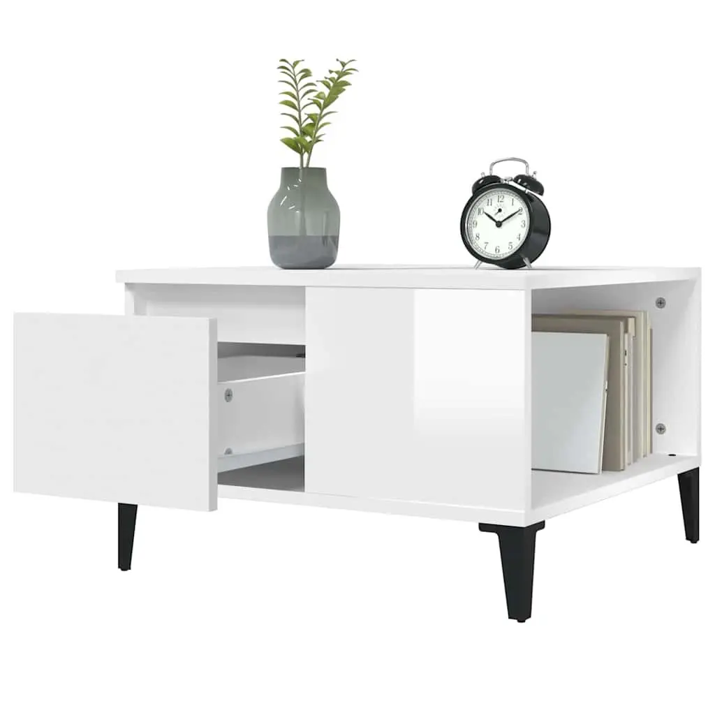 Coffee Table High Gloss White 55W x 55D x 36.5H cm Engineered Wood with Metal Feet