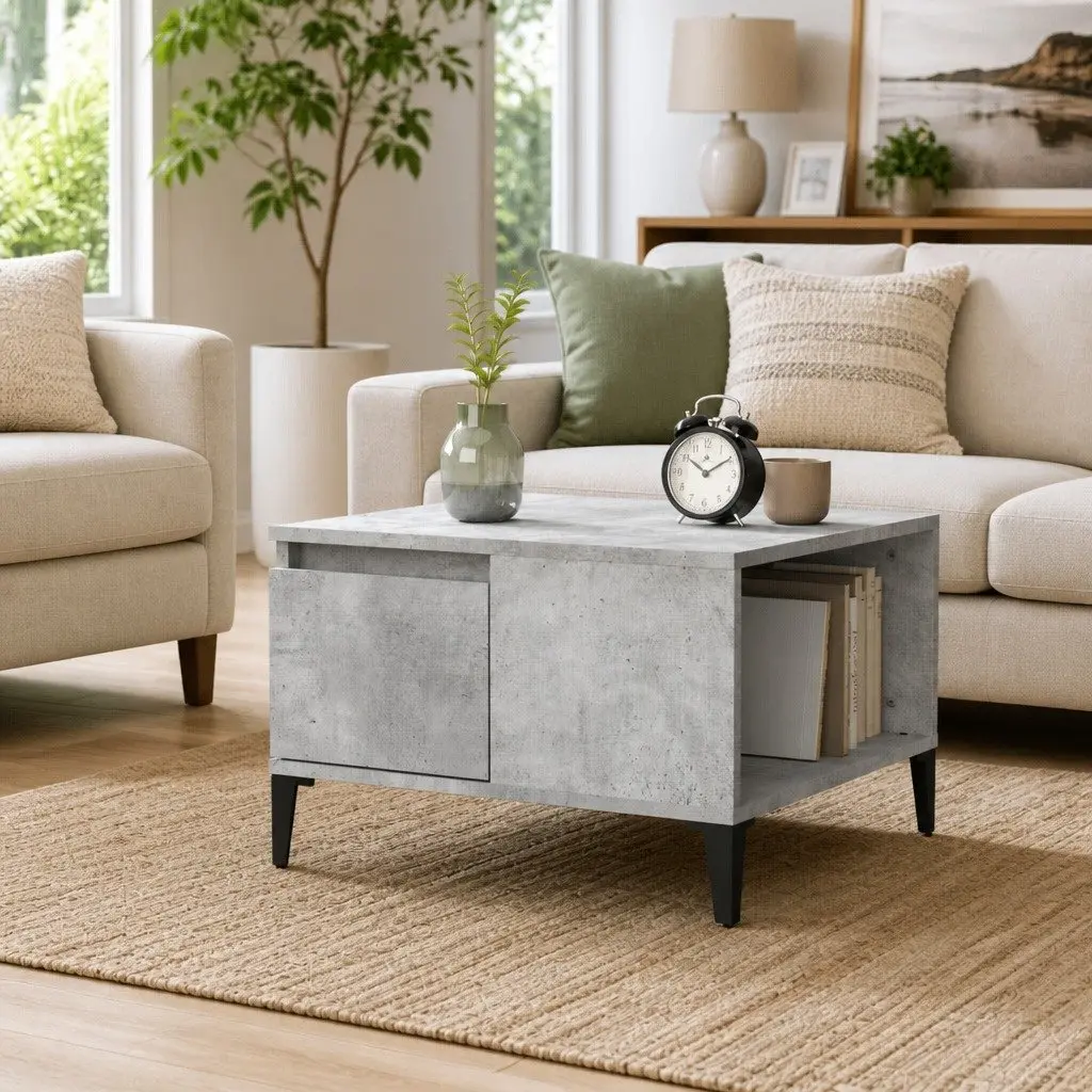 Coffee Table Grey Engineered Wood Storage 55x55x36.5cm Living Room Metal Feet