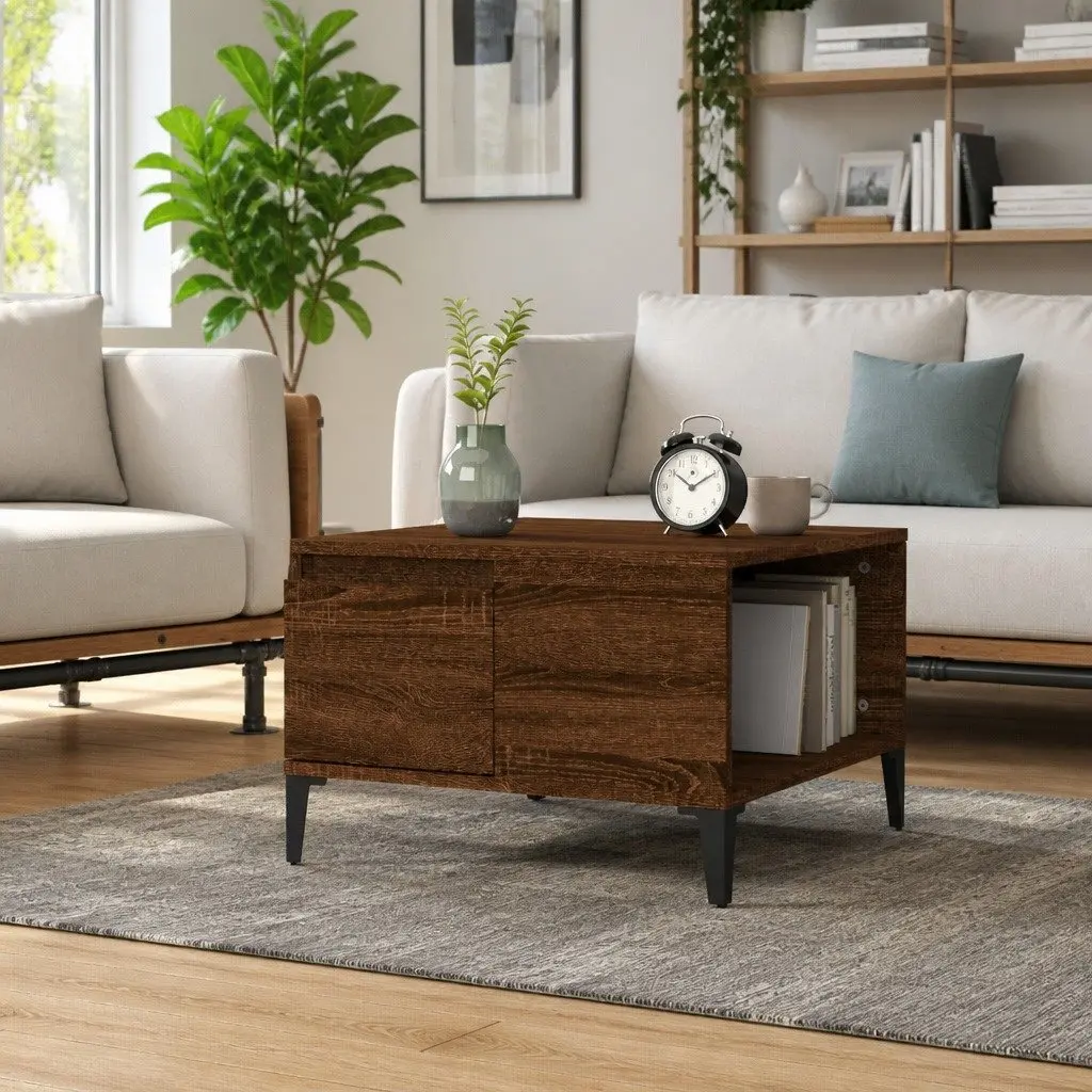 Coffee Table Brown Oak 55x55x36.5 cm Engineered Wood with Metal Feet Storage Drawer Open Compartment