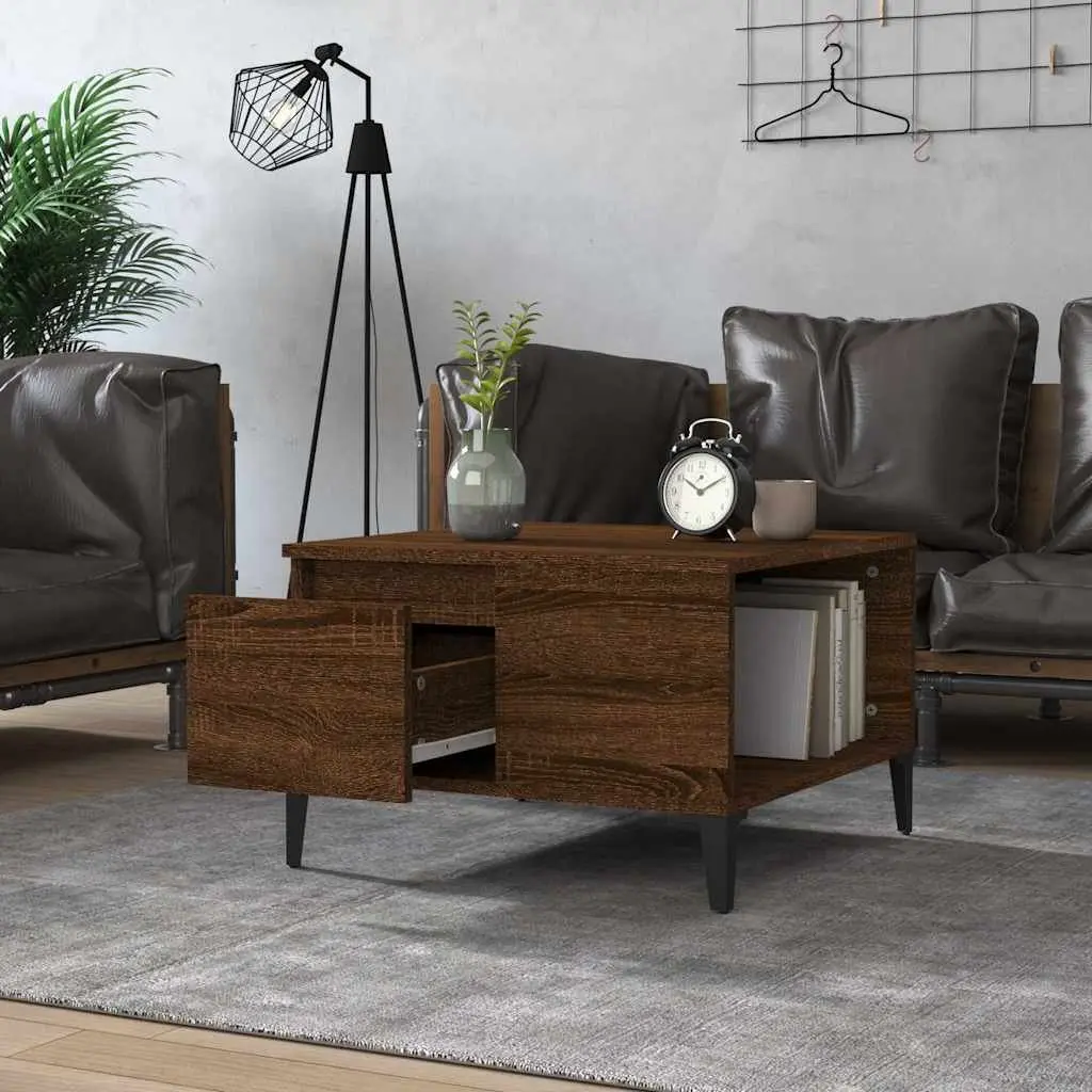 Coffee Table Brown Oak 55x55x36.5 cm Engineered Wood with Metal Feet Storage Drawer Open Compartment