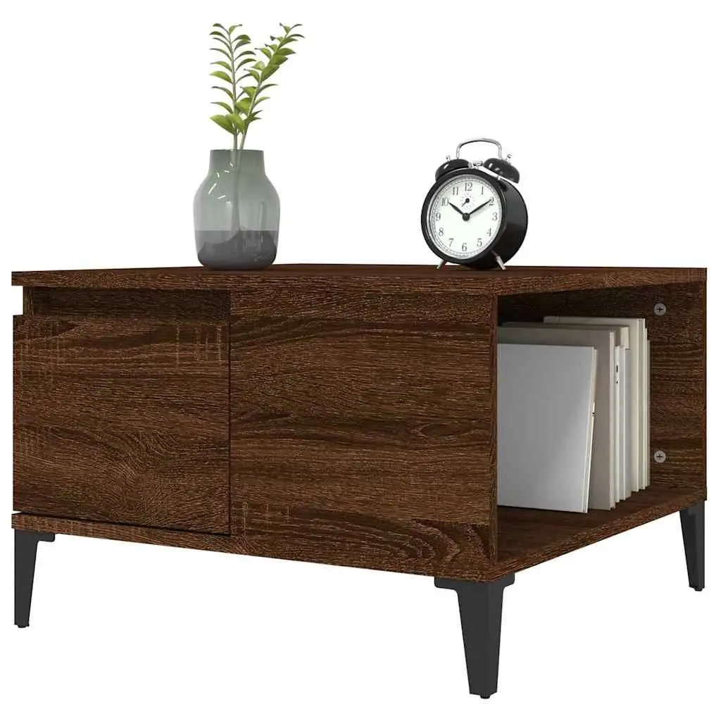 Coffee Table Brown Oak 55x55x36.5 cm Engineered Wood with Metal Feet Storage Drawer Open Compartment